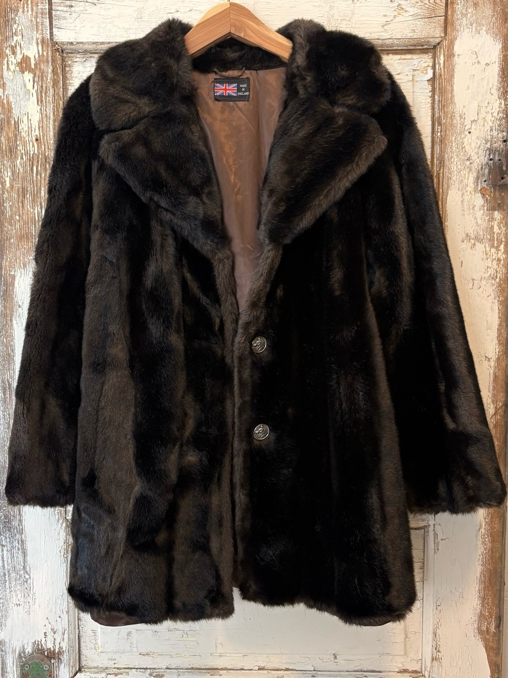 Vintage Faux Fur Coat w/WOLF Buttons by Tissavel of France, made in England, EUC
